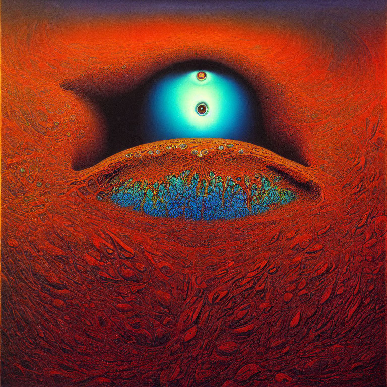 Vibrant surreal eye art with blue and green hues in textured red and orange patterns