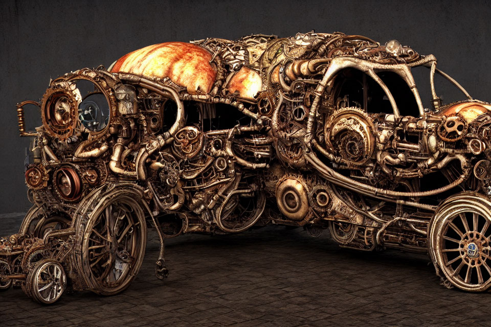 Intricately designed steampunk-style vehicle with gears, pipes, and a skull on dark