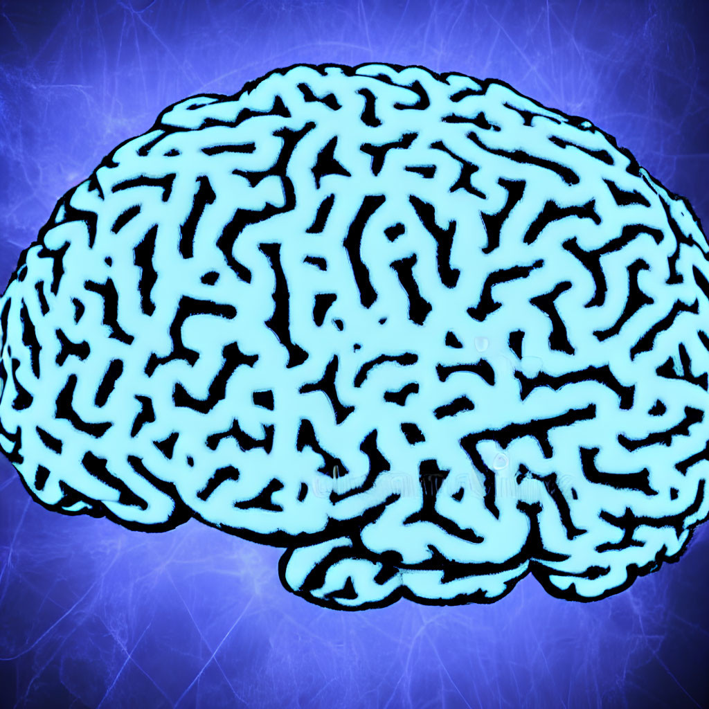 Human Brain Illustration with Blue Neural Pathways on Purple Background