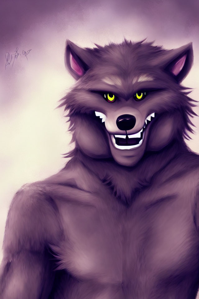 Menacing gray wolf with yellow eyes and sharp teeth