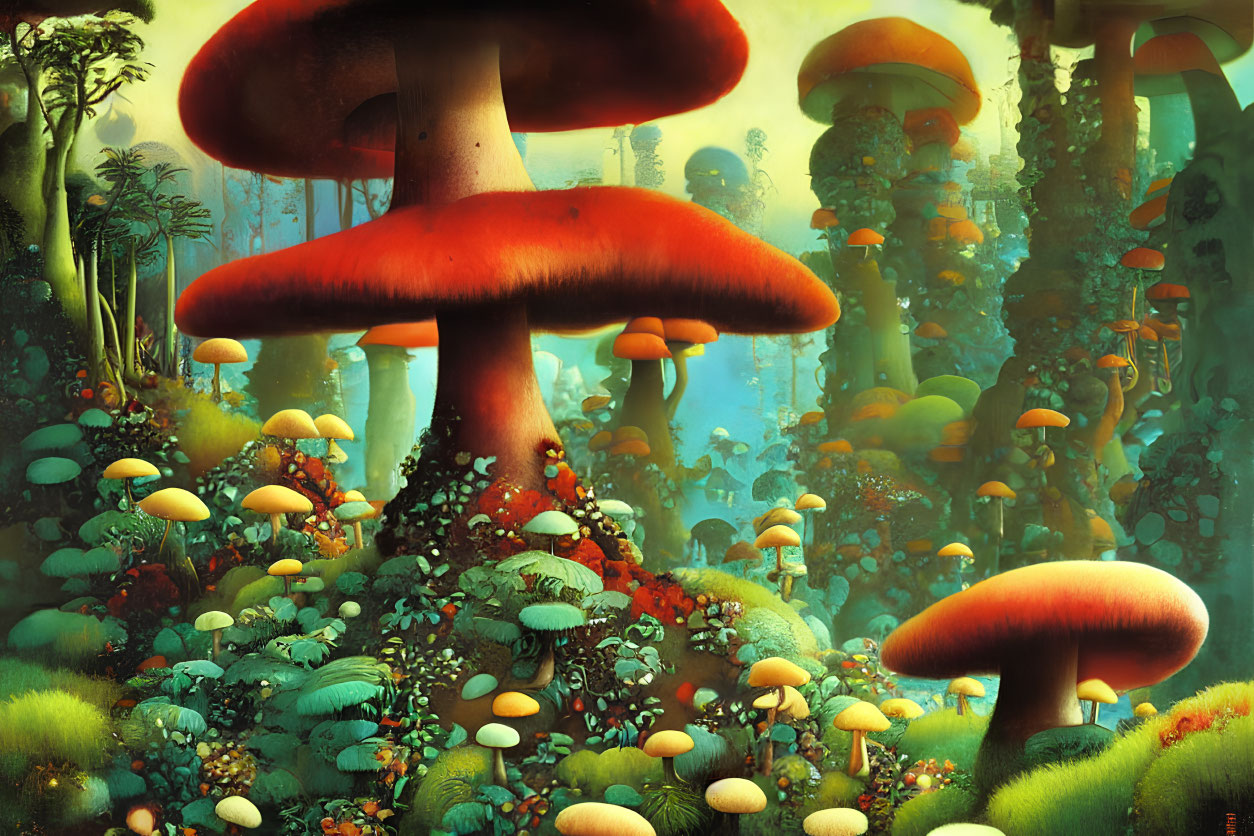 Colorful Oversized Mushroom Forest in Lush Greenery