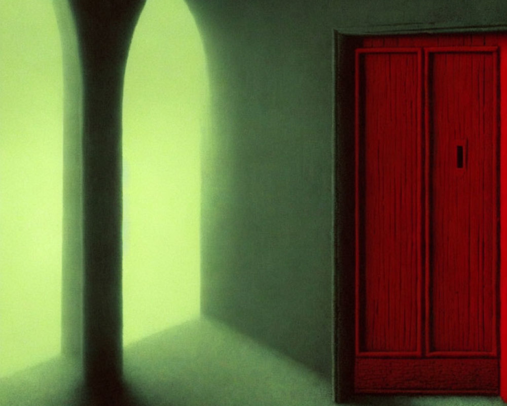 Eerie room with arched openings and vibrant red door in dim, greenish lighting
