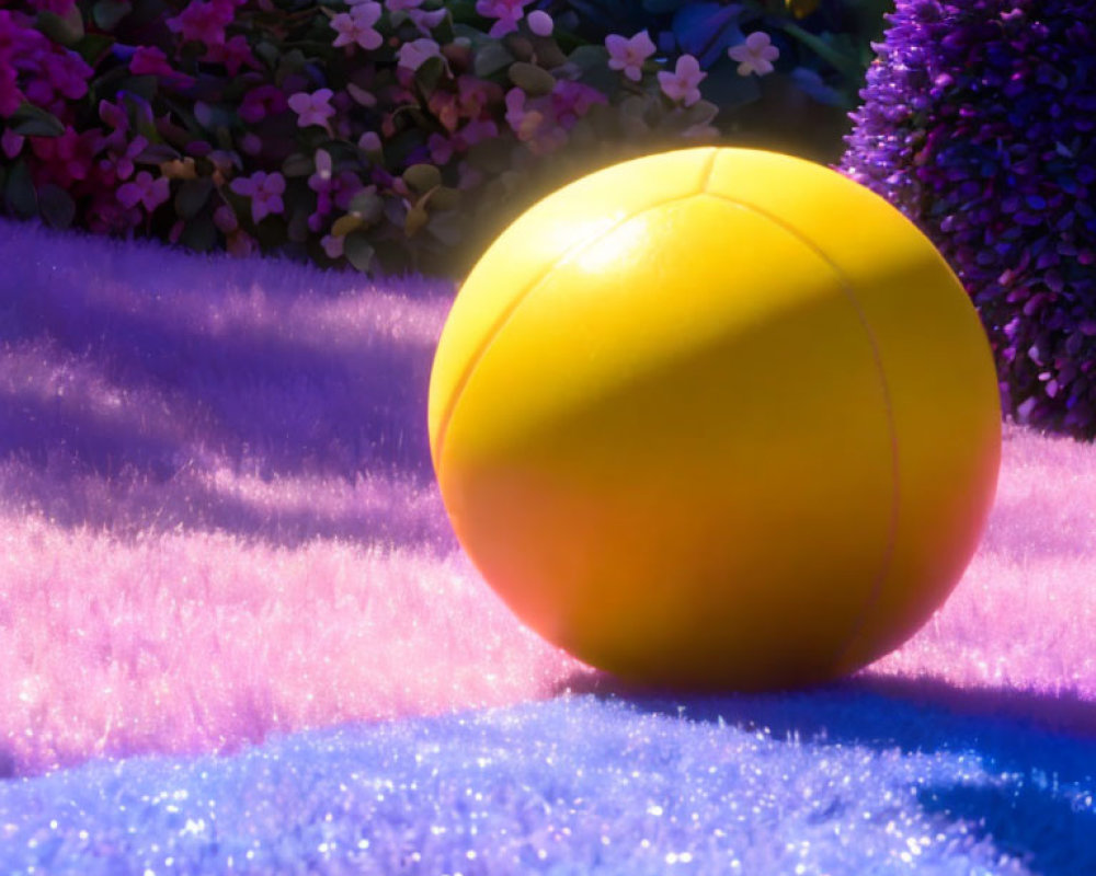 Yellow Volleyball on Violet Grass with Purple Flowers in Soft Sunlight
