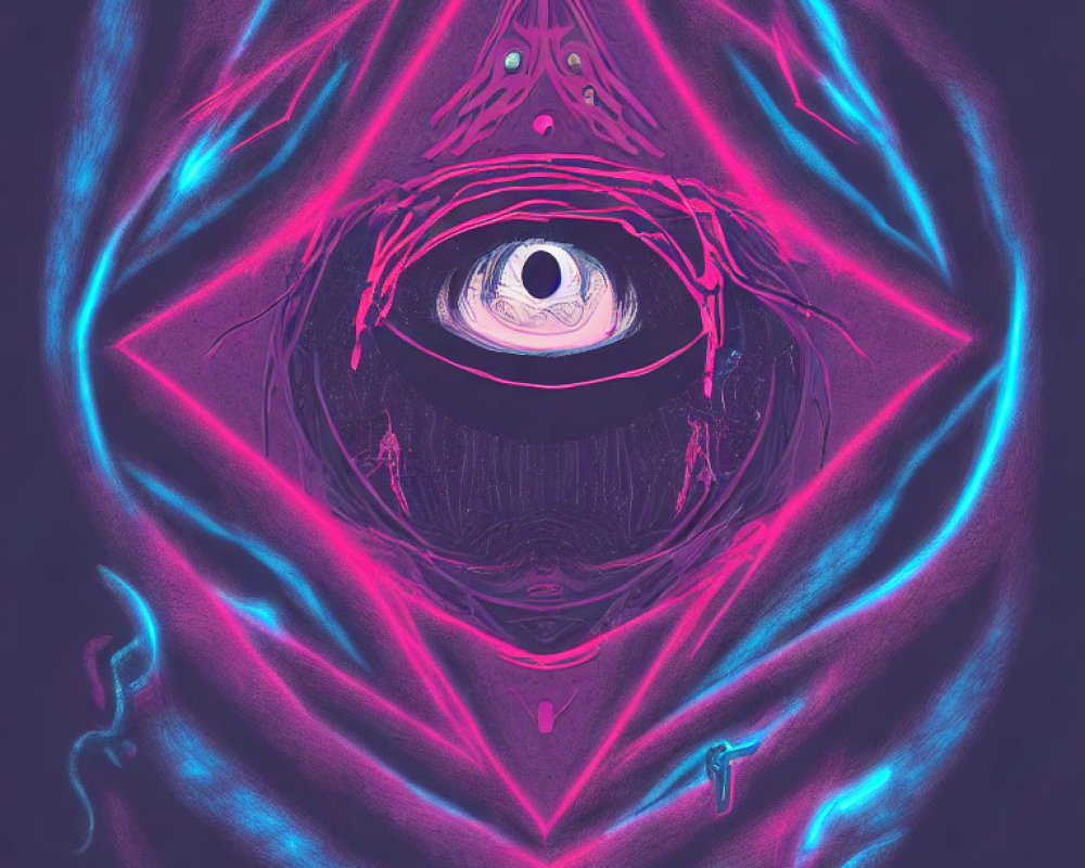 Mystical neon eye in triangle with abstract shapes on dark purple background