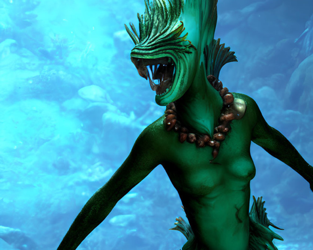 Green-skinned aquatic creature with sharp teeth and fin-like crest in underwater scene