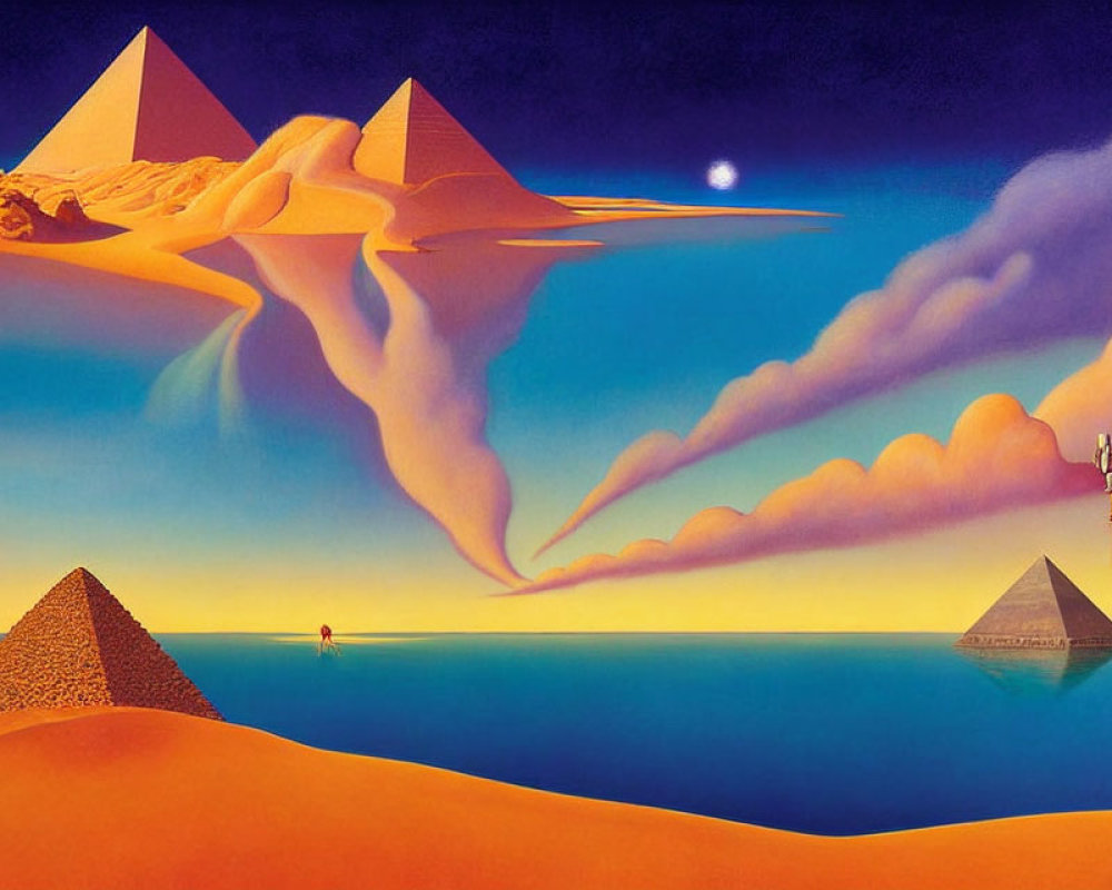 Melting pyramid in surreal landscape with colorful sky and small figure