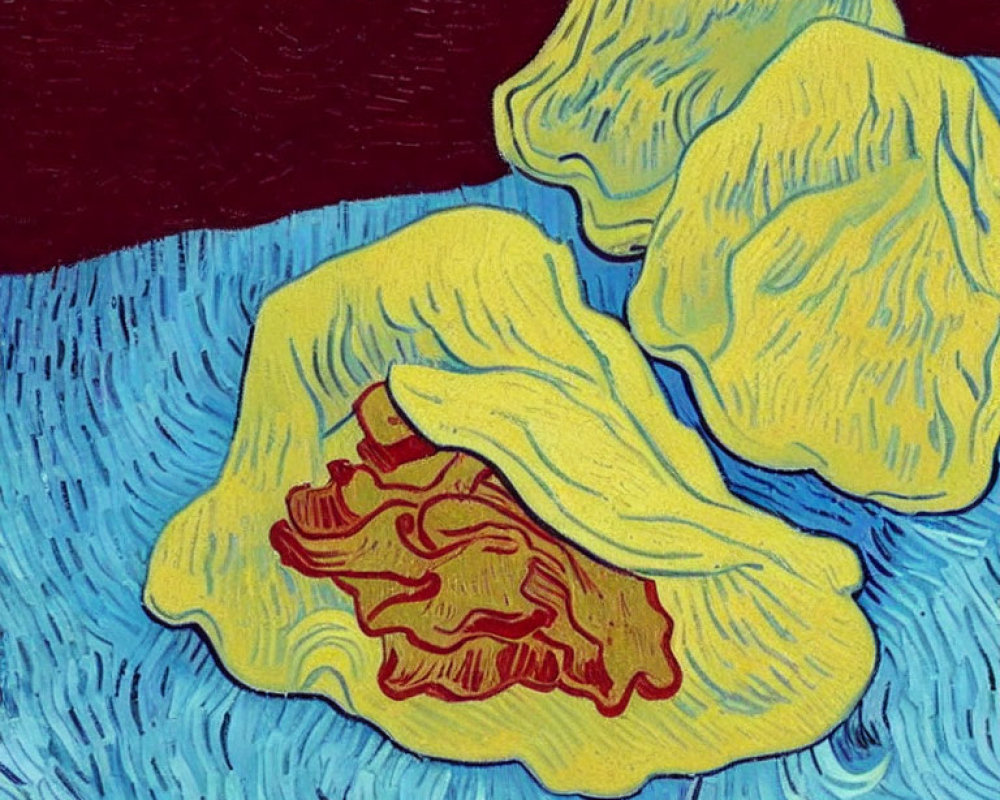 Abstract yellow figures on blue background with Van Gogh-inspired brushstrokes