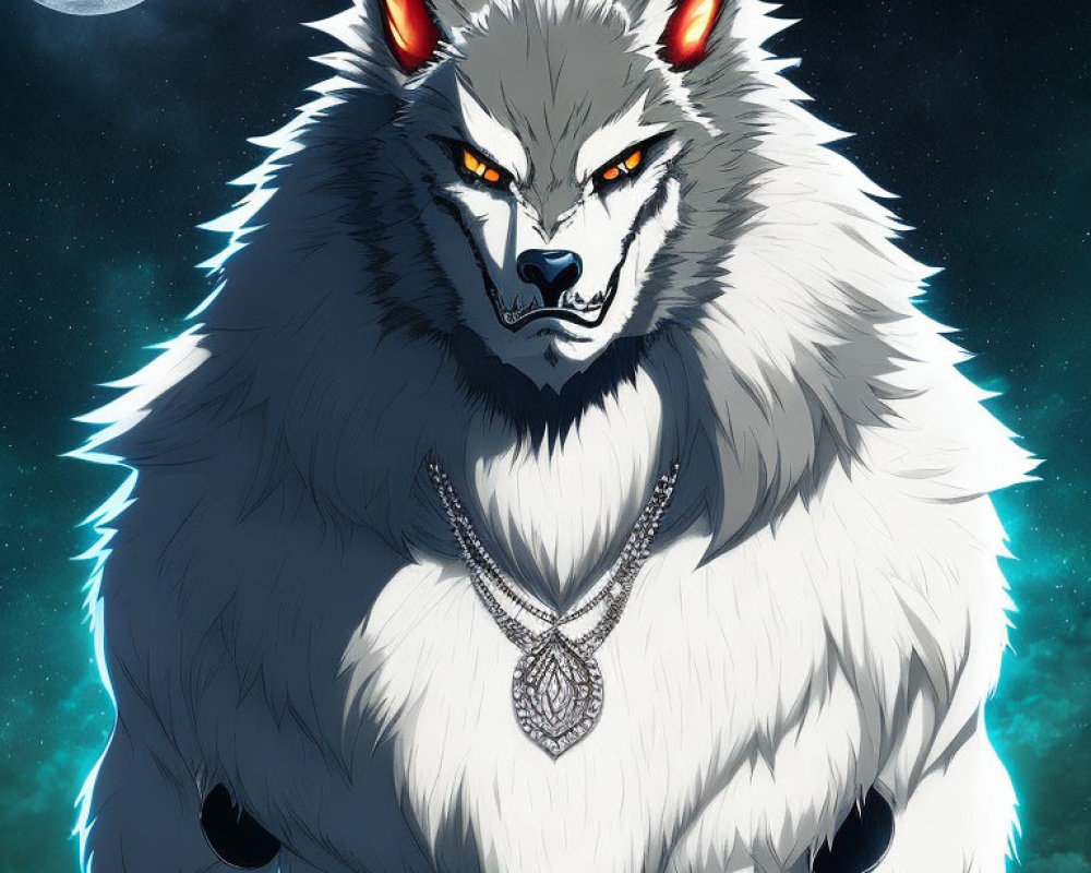 Illustration of fierce white wolf with red eyes and glowing pendant in night sky
