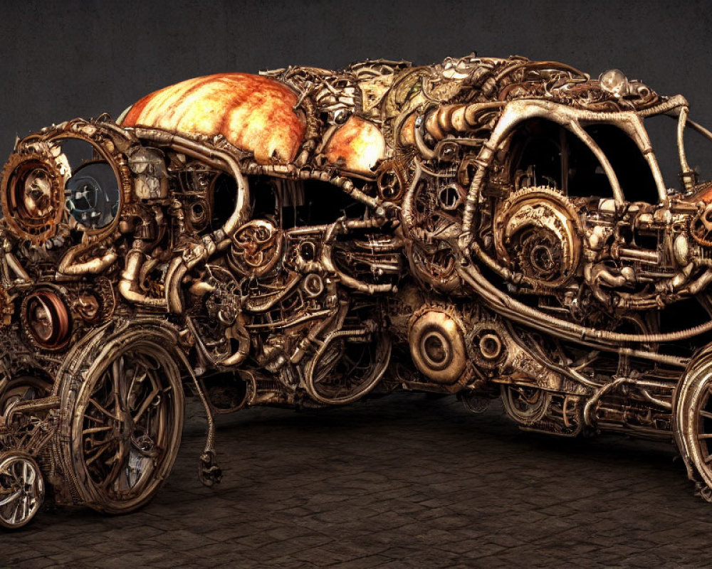 Intricately designed steampunk-style vehicle with gears, pipes, and a skull on dark