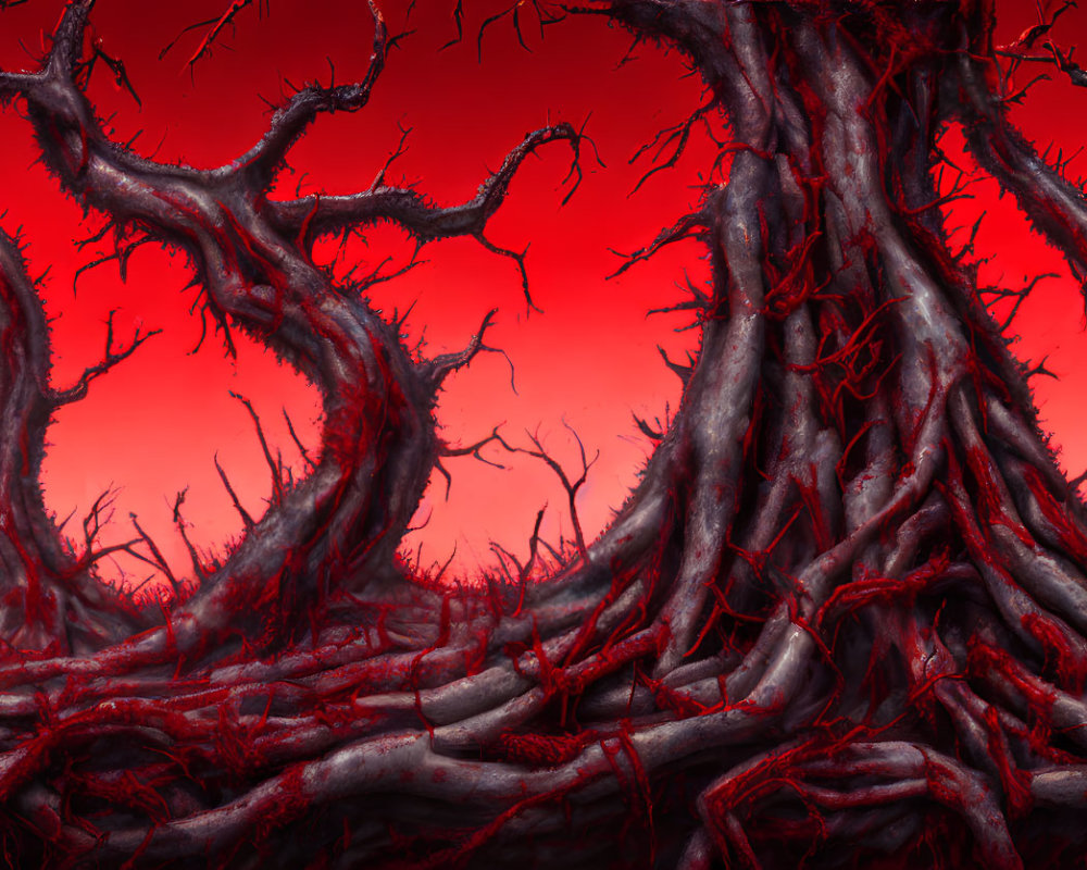 Dark forest scene with twisted trees and fiery red sky