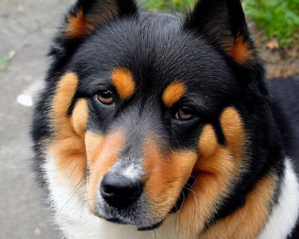 Tricolor dog with thick fur and pointed ears gazes at camera