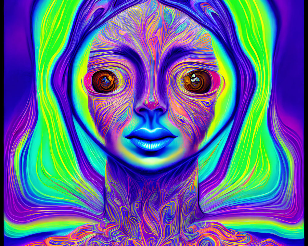 Colorful digital artwork: Human-like figure with psychedelic patterns and eyes, smiling against vibrant backdrop