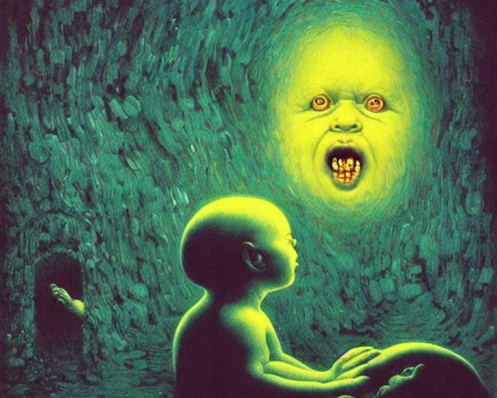 Surreal image of fetus-like figure with ghostly face and sharp teeth in greenish cave.