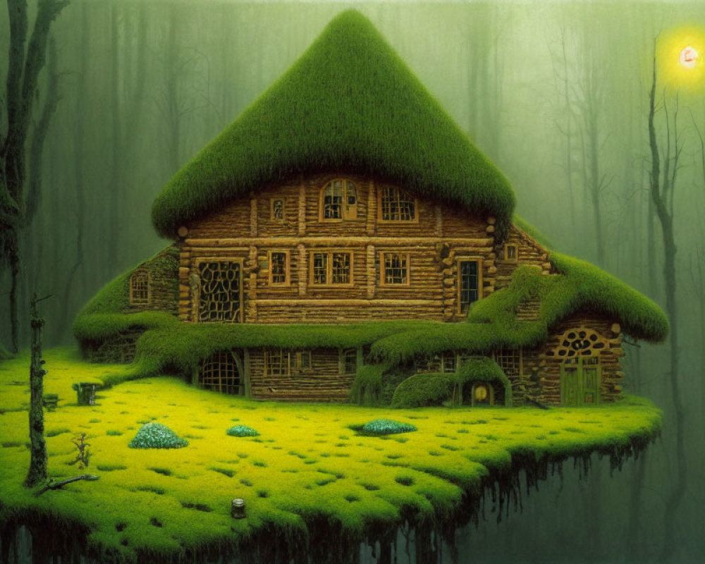 Wooden cabin with grass-covered roof in misty forest clearing
