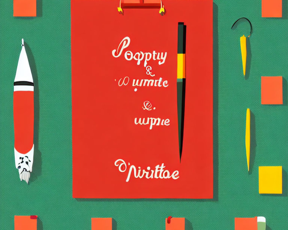 Red Clipboard with Fanciful Script and Stationery Items on Green Background