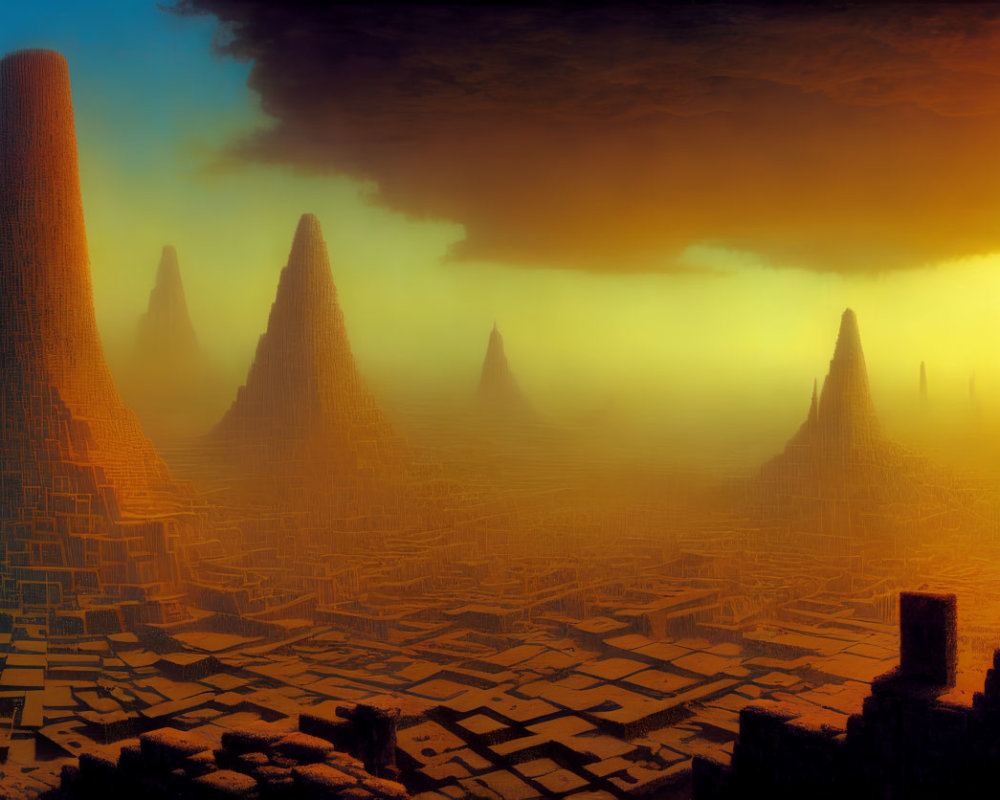 Surreal hazy landscape with towering spire-like formations and block structures under an orange sky