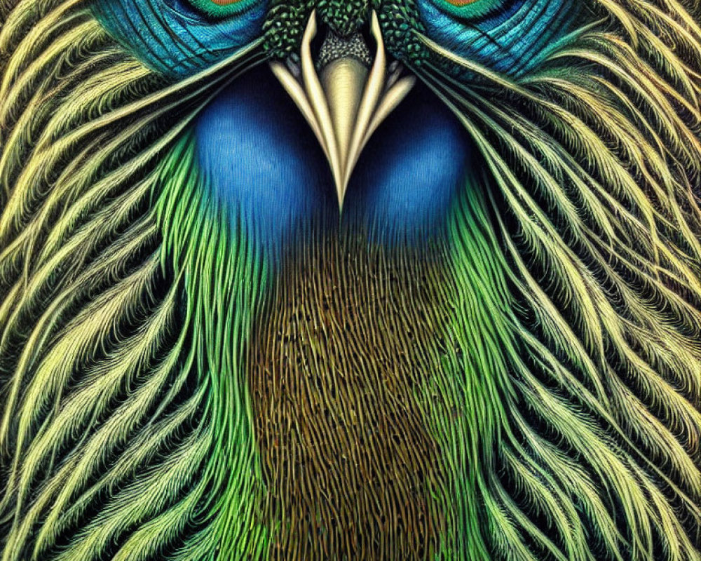 Vibrant blue and green peacock feathers close-up with detailed eye patterns