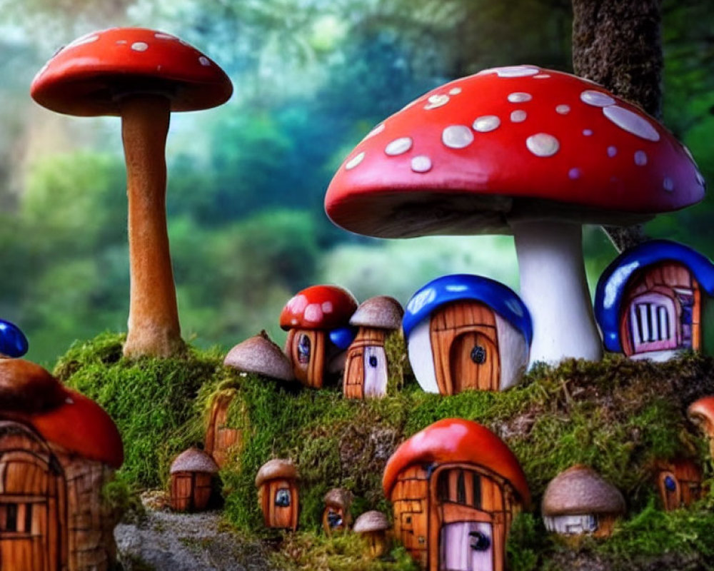 Miniature Mushroom Houses in Vibrant Fantasy Forest