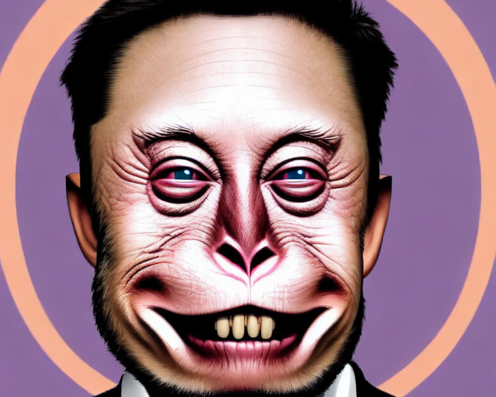 Exaggerated man caricature with large eyes, ears, and smile on purple background.