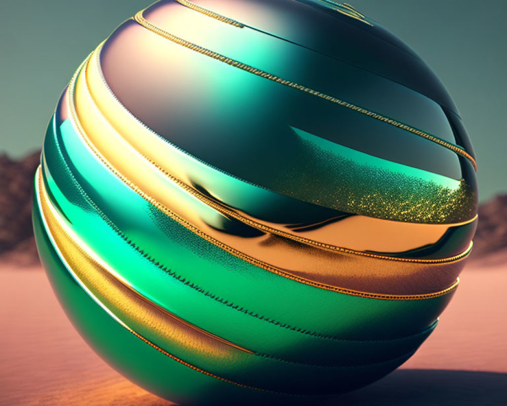 Multilayered green and golden spherical object on sandy background