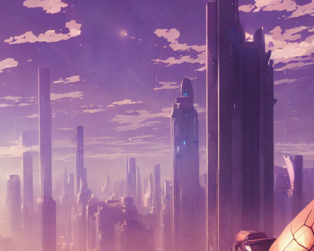 Futuristic cityscape at dusk with towering skyscrapers and colorful sky