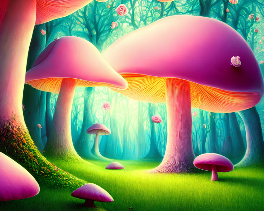 Whimsical forest with oversized pink mushrooms and floating bubbles