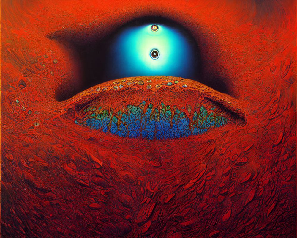 Surreal image: bright blue and white eye on red textured field