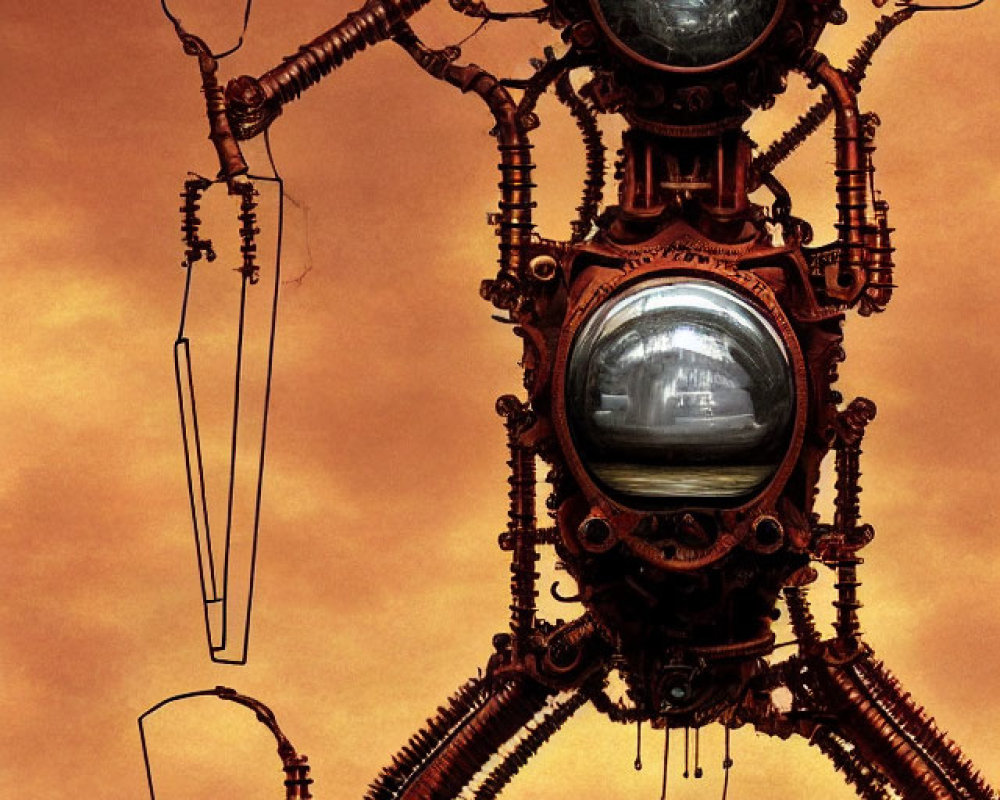Intricate steampunk robotic figure with glassy orbs in hazy sky