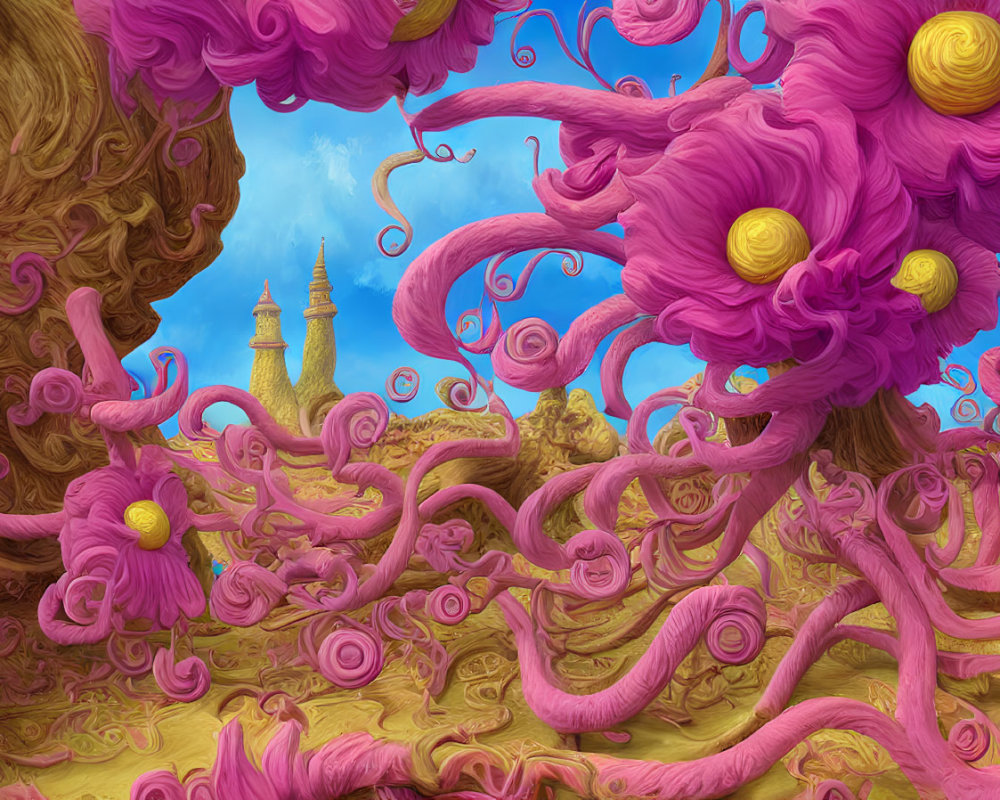 Swirling pink and yellow flora in surreal landscape under bright blue sky