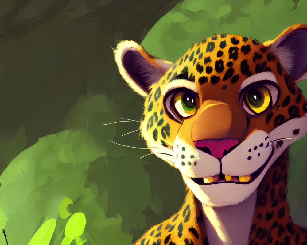 Detailed close-up illustration of a smiling cheetah against green foliage.