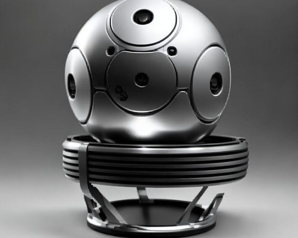 Shiny metallic spherical object with circular patterns on black base