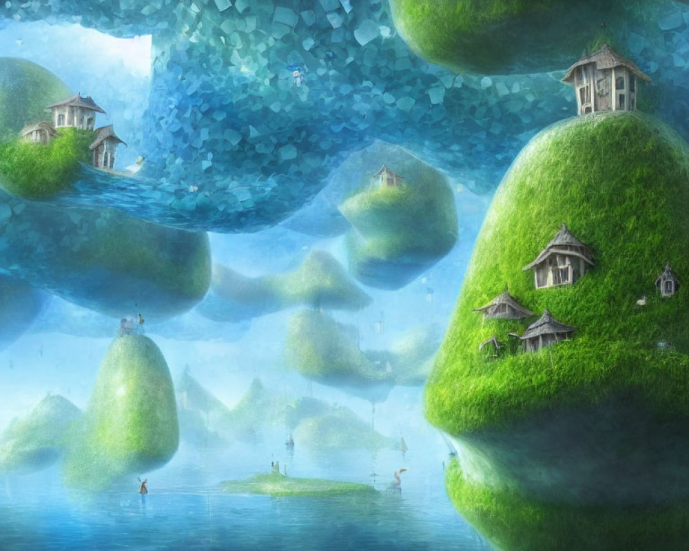 Green floating islands with houses over crystal sky and serene blue water.