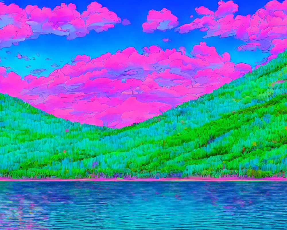 Digitally altered landscape with neon pink clouds and vivid colors