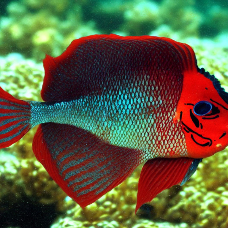 Colorful red fish with blue fins and unique pattern swimming above coral reef