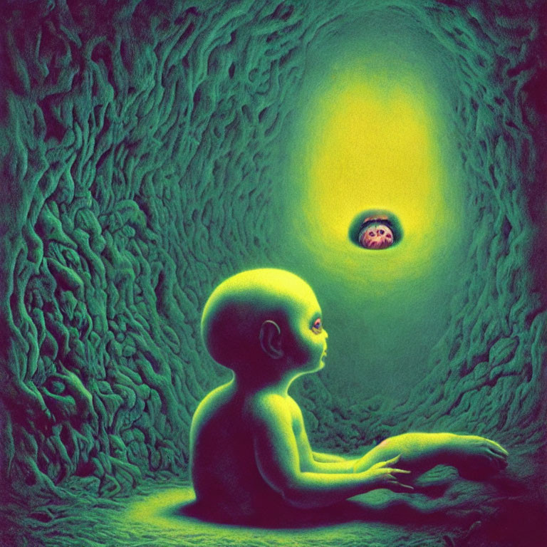 Surreal painting featuring alien-like infant in textured green tunnel reaching for glowing orb with human face