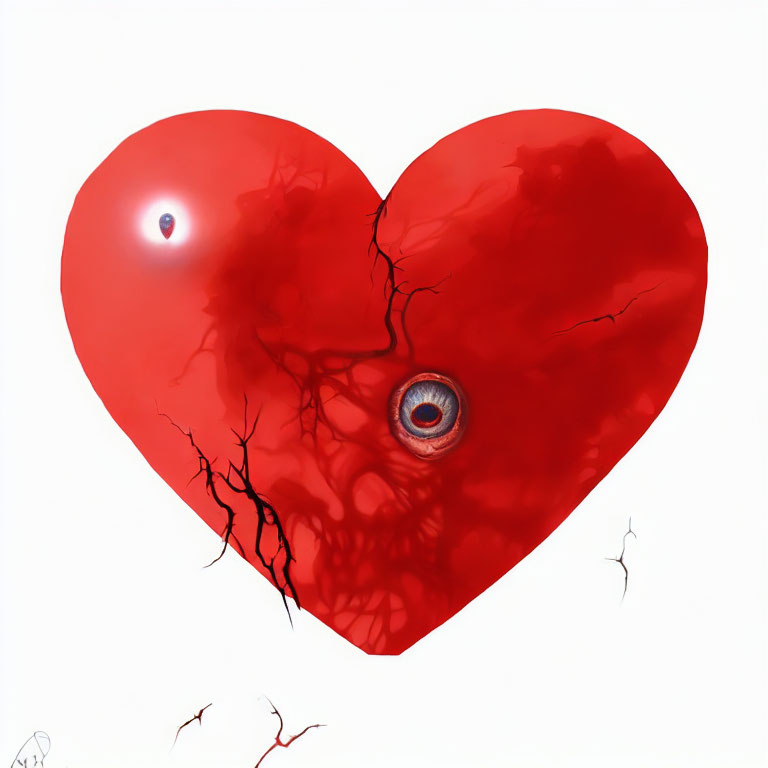 Surreal red heart with blood vessels and eyes on white background