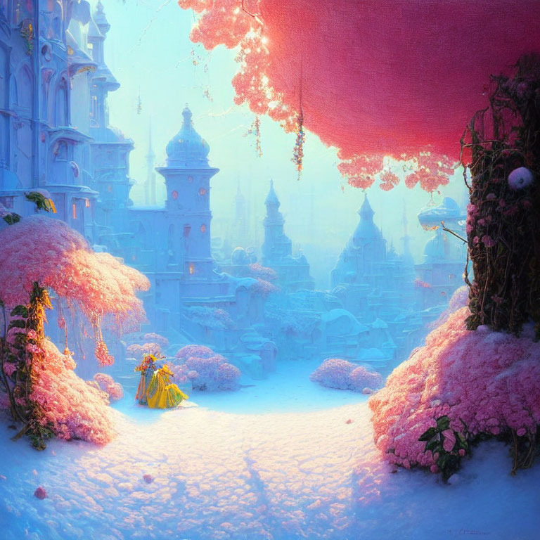Pink cherry blossom trees in vibrant blue and pink sky with snow-covered fairytale architecture