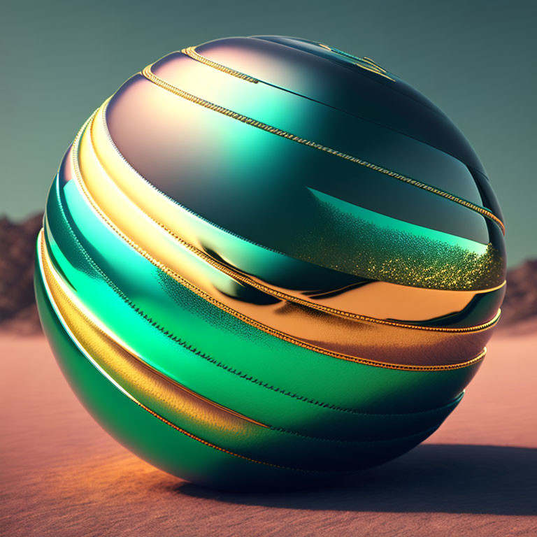 Multilayered green and golden spherical object on sandy background