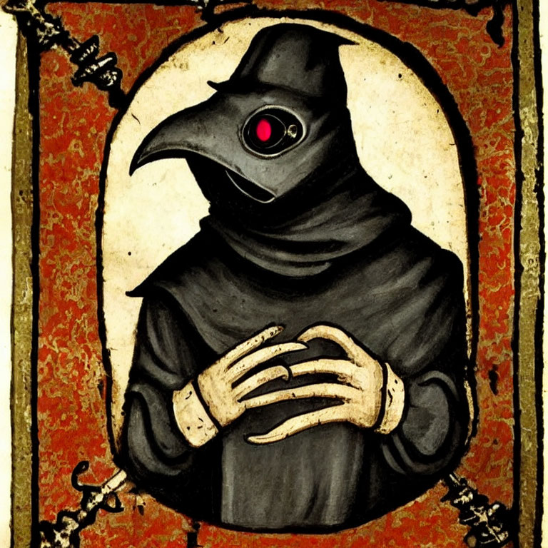 Plague doctor figure in black cloak on golden background