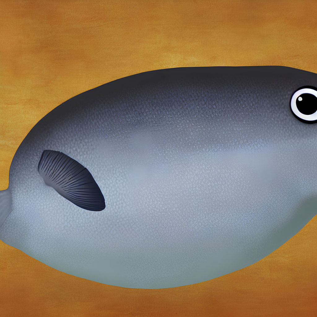Cartoonish grey fish with big eye and small fin on orange background