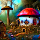 Miniature Mushroom Houses in Vibrant Fantasy Forest