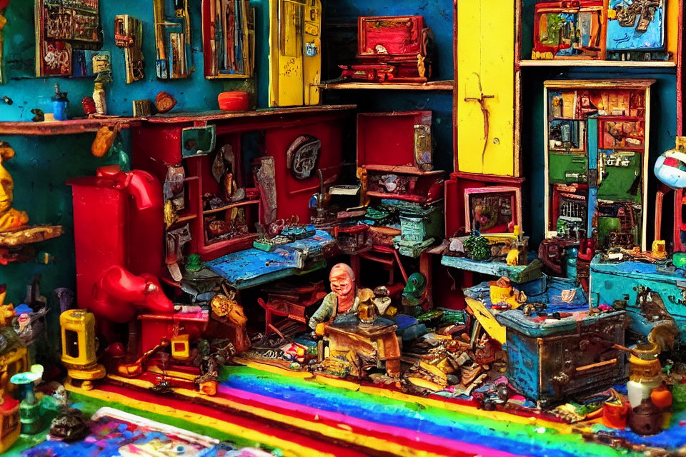 Colorful clutter and seated figure in vibrant miniature room
