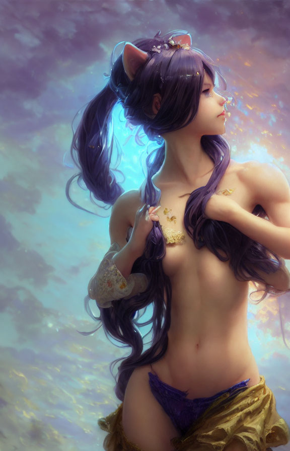Fantasy artwork of female figure with cat-like ears in dreamy pastel clouds