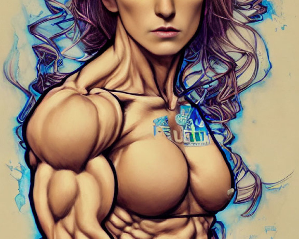 Illustration of muscular woman with purple hair on tan background