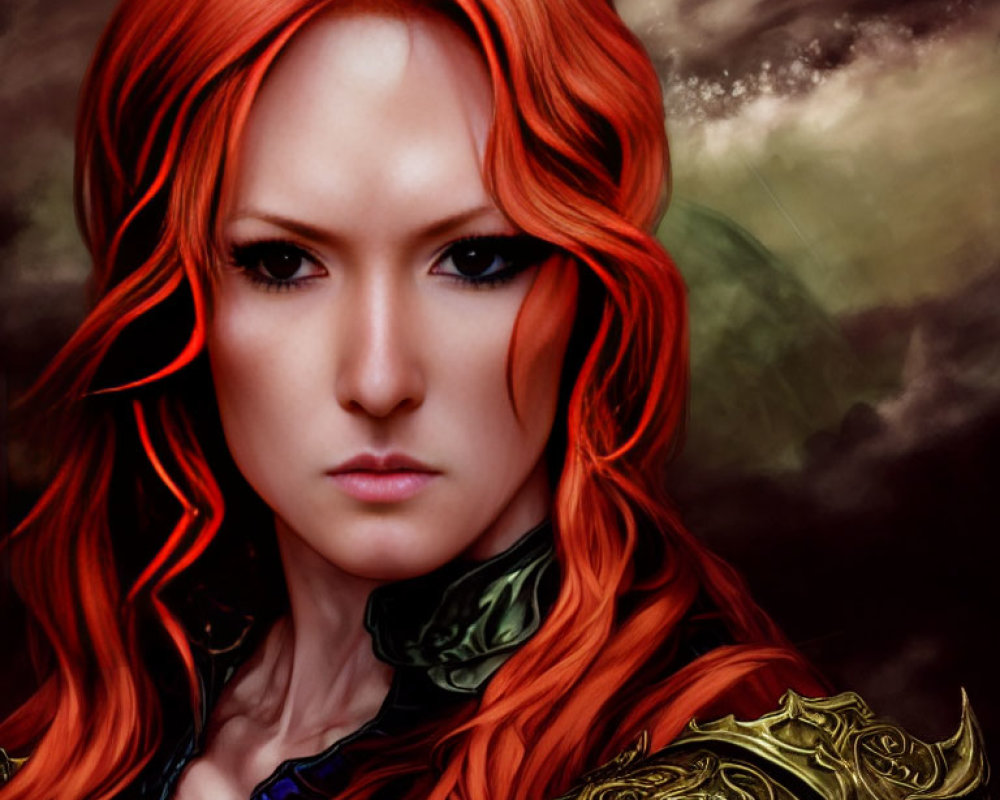 Fiery red-haired woman in golden armor against cloudy backdrop