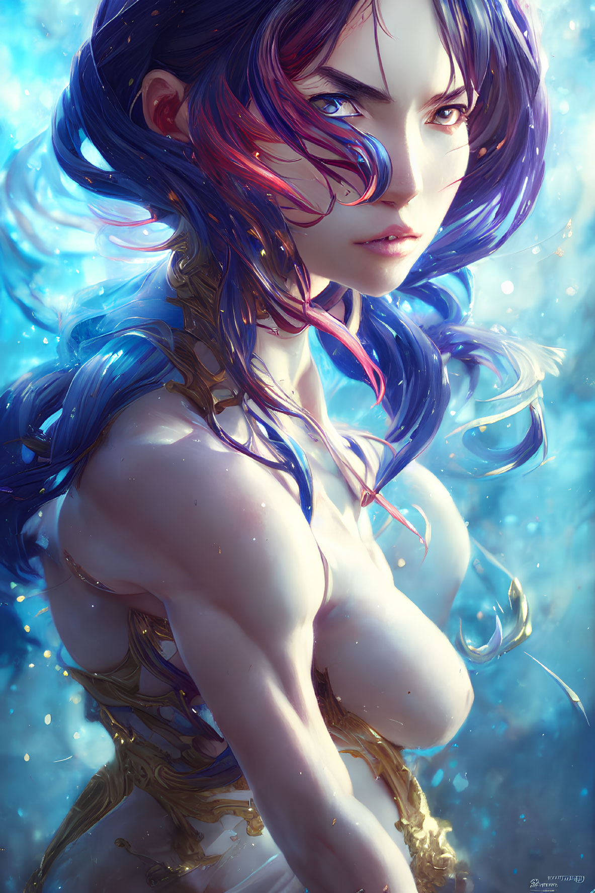 Stylized portrait of woman with blue and purple hair and water droplets.