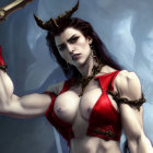 Muscular animated woman in red and gold outfit wields sword with dragon.