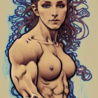Illustration of muscular woman with purple hair on tan background