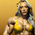 Muscular Woman in Yellow Bikini and Bow on Yellow Background
