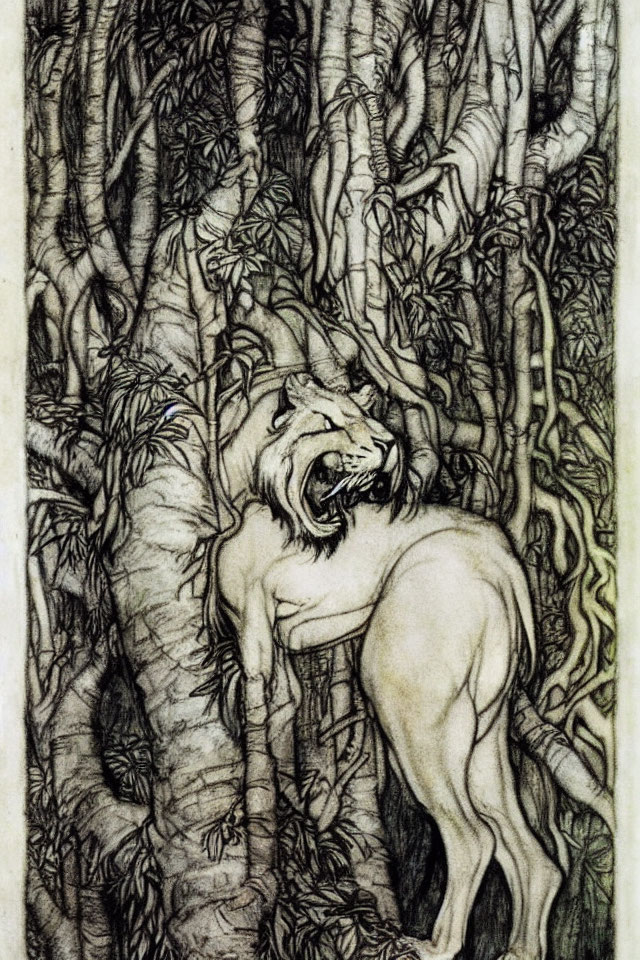 Illustrated lion roaring in dense jungle vines
